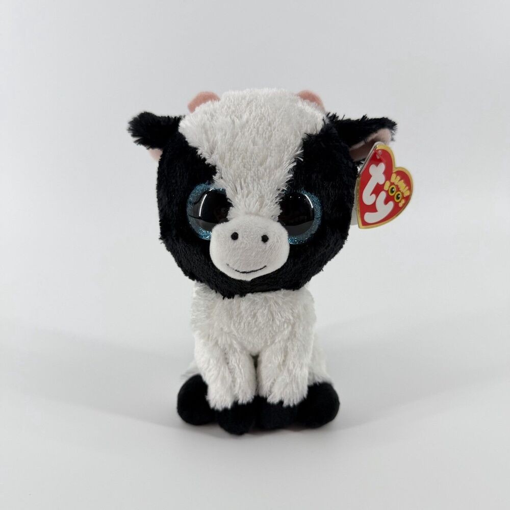NEW Ty Beanie Boos Butter Cow Farm Animal Black White Blue Glitter Eyes 6” Plush